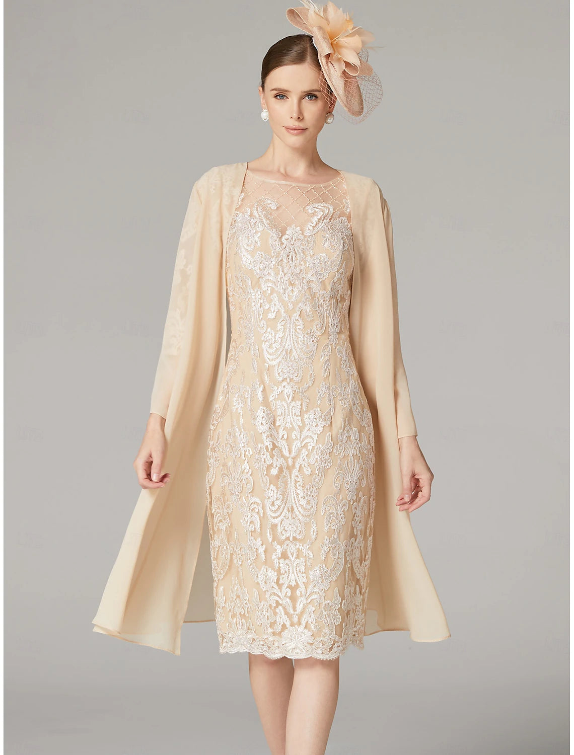 Buyishang Two Piece Sheath Dress Suit Mother of the Bride Dress Elegant Jewel Neck Knee Length Chiffon Lace 3/4 Length Sleeve Wrap Included Jacket Dresses with Beading Appliques